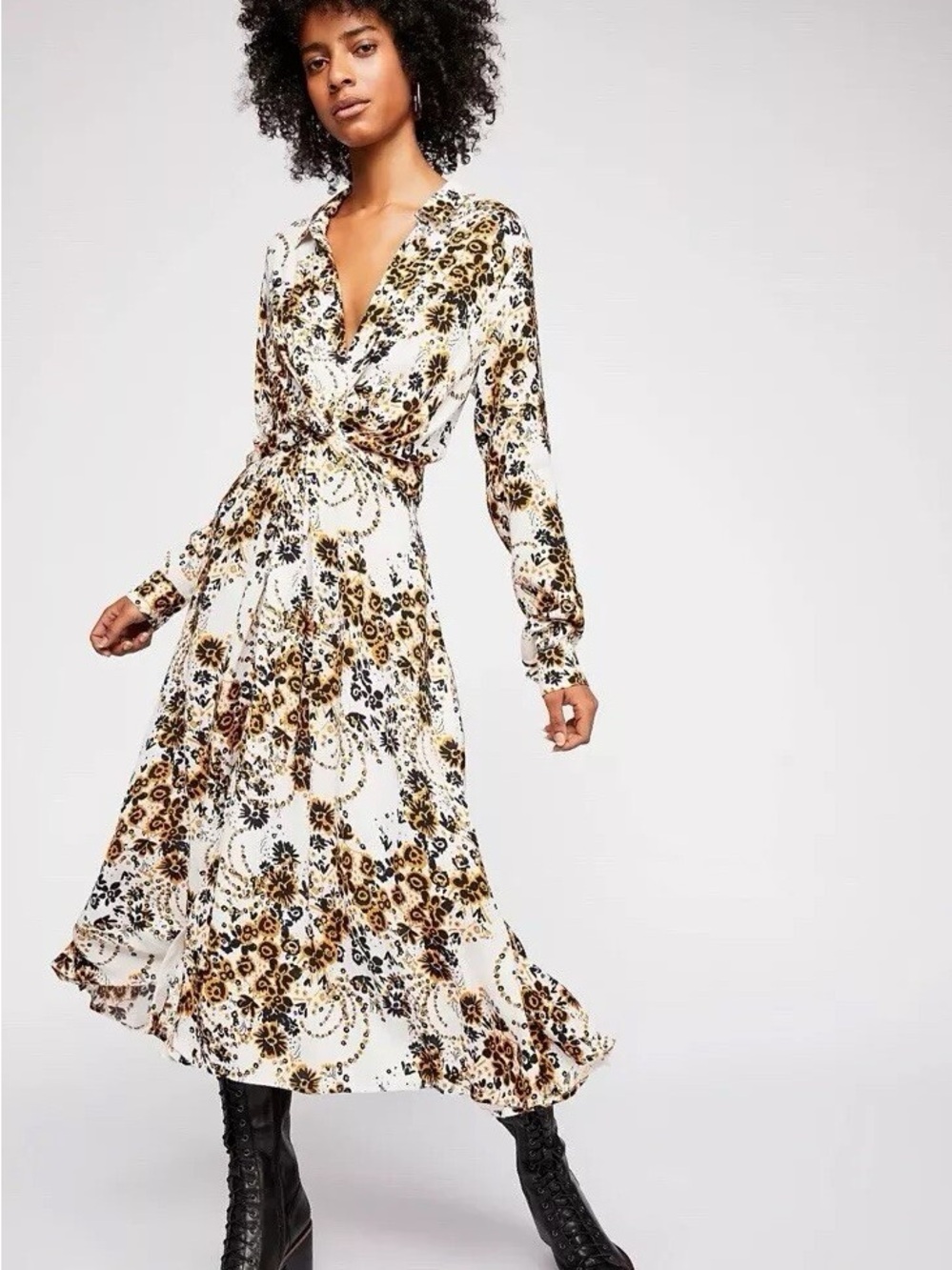 Free People White Floral & Brown Long Sleeve Maxi Dress - Picture 2 of 7